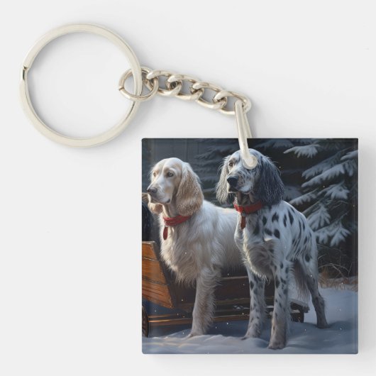 Engelse Setter Sneeuwrijke slee Kerst Decoratie Sleutelhanger (Voorkant)