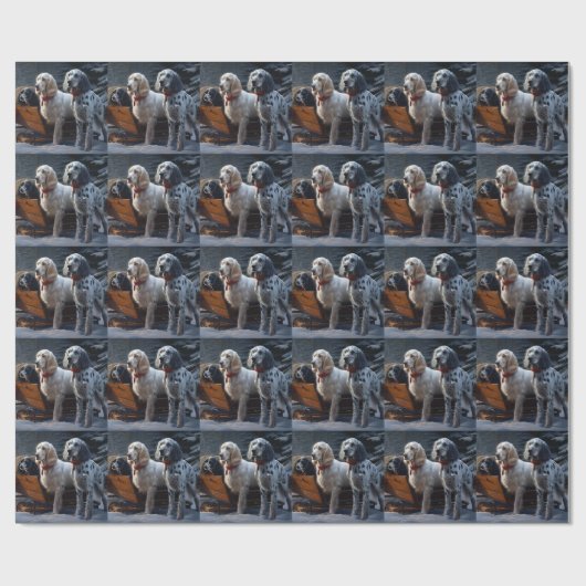 Engelse Setter Snowy Sleigh Kerst Decor Cadeaupapier (Vlak)