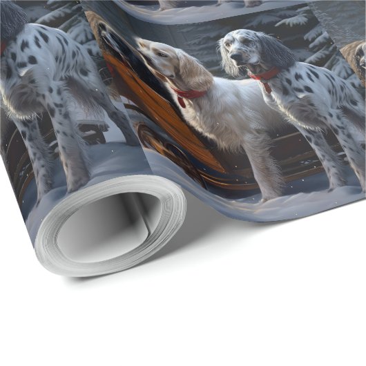 Engelse Setter Snowy Sleigh Kerst Decor Cadeaupapier (Rol Hoek)