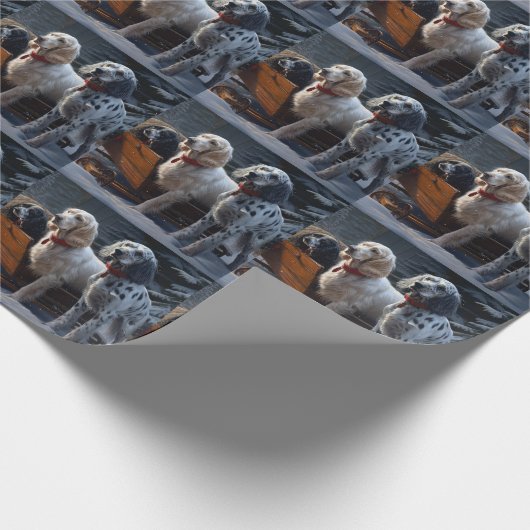 Engelse Setter Snowy Sleigh Kerst Decor Cadeaupapier (Hoek)