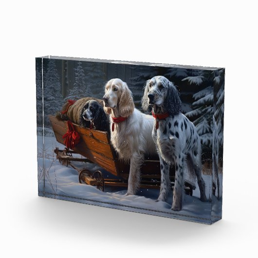 Engelse Setter Snowy Sleigh Kerst Decor Fotoblokken (Rechts)