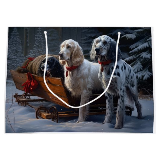 Engelse Setter Snowy Sleigh Kerst Decor Groot Cadeauzakje (Voorkant)