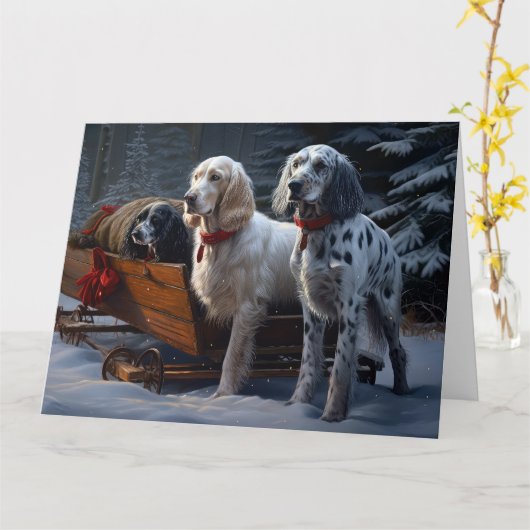 Engelse Setter Snowy Sleigh Kerst Decor Kaart (Gele Bloem)