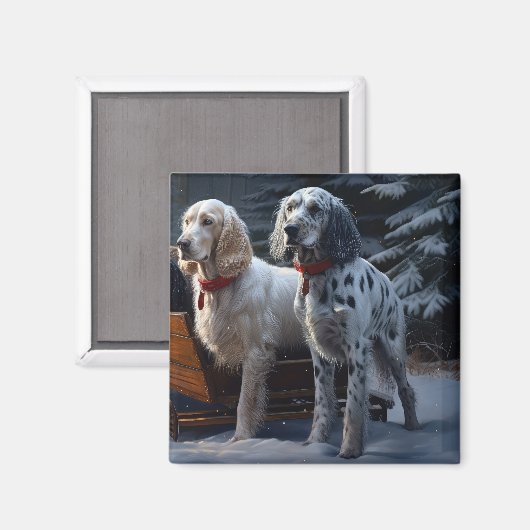Engelse Setter Snowy Sleigh Kerst Decor Magneet (Voorkant / Achterkant)