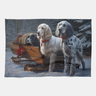 Engelse Setter Snowy Sleigh Kerst Decor Theedoek
