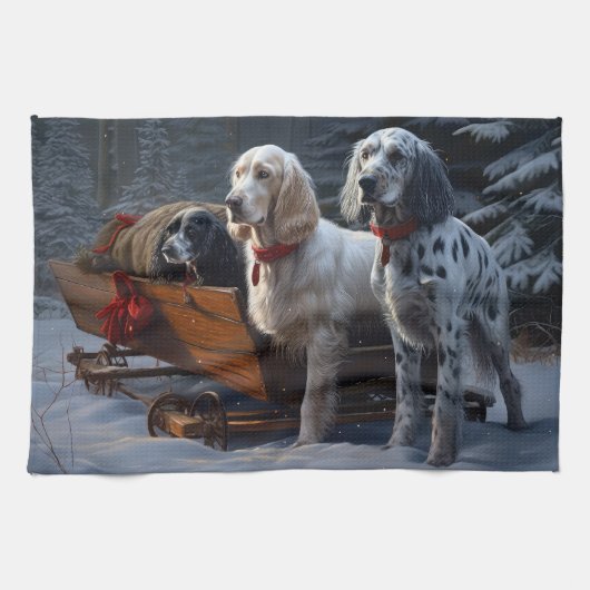 Engelse Setter Snowy Sleigh Kerst Decor Theedoek (Horizontaal)