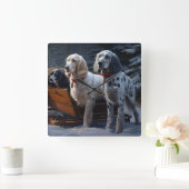 Engelse Setter Snowy Sleigh Kerst Decor Vierkante Klok (Huis)