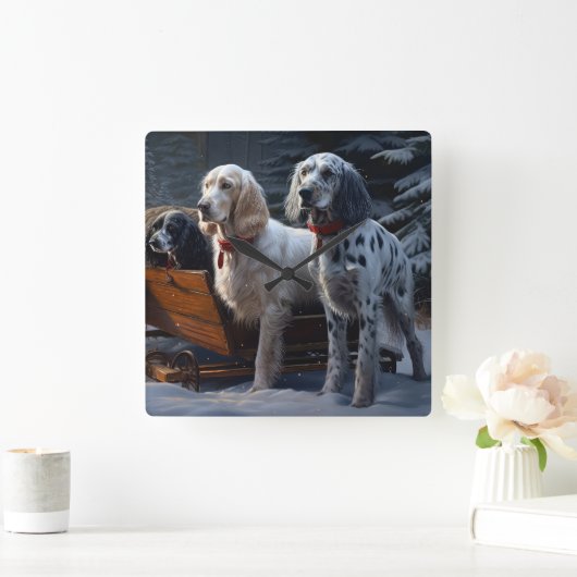 Engelse Setter Snowy Sleigh Kerst Decor Vierkante Klok (Huis)