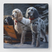 Engelse Setter Snowy Sleigh Kerst Decor Vierkante Klok (Voorkant)