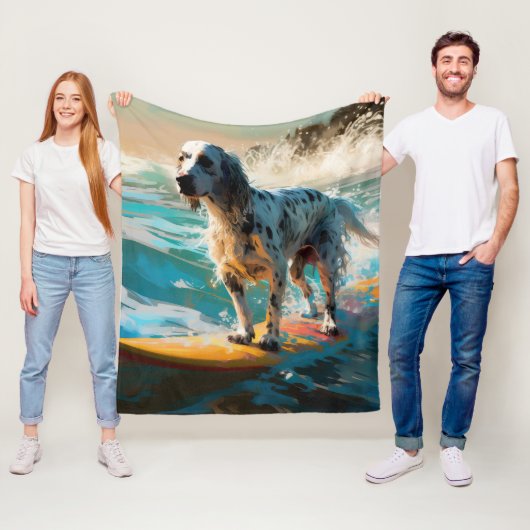 Engelse Setter Strand Surfen Schilderij Fleece Deken (In situ)