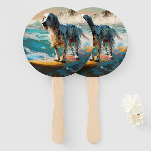 Engelse Setter Strand Surfen Schilderij Handwaaier (Voorkant en achterkant)