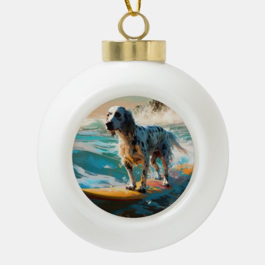 Engelse Setter Strand Surfen Schilderij Keramische Bal Ornament (Voorkant)