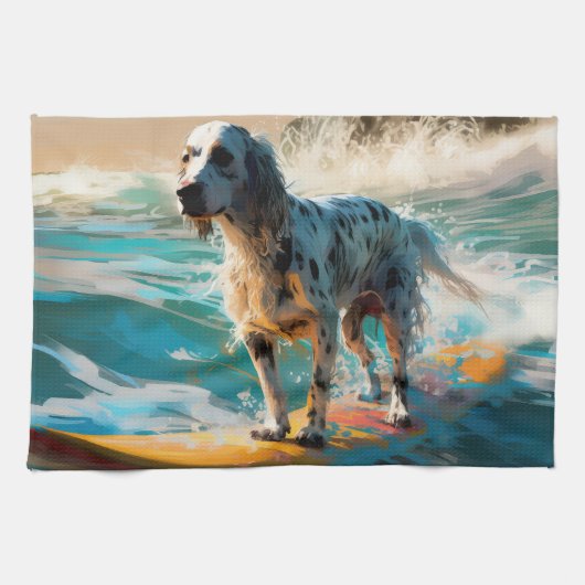 Engelse Setter Strand Surfen Schilderij Theedoek (Horizontaal)
