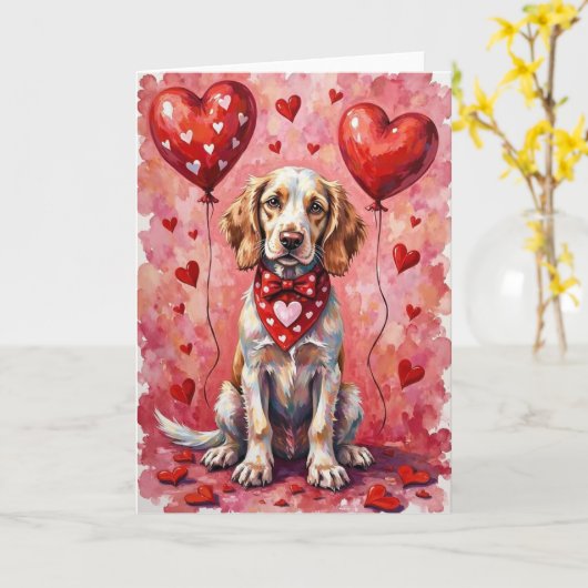Engelse Setter Valentijnsdag Hond met Harten Rood Kaart (Gele Bloem)