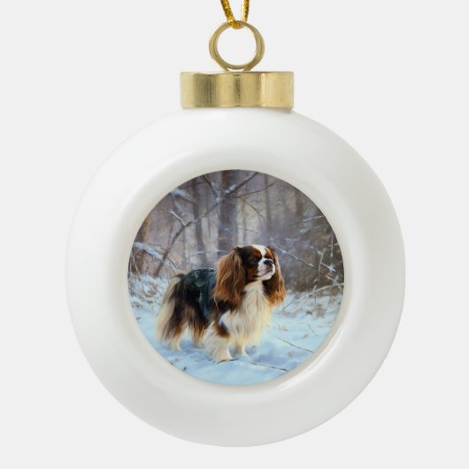 Engelse Speelgoed Spaniel Laat het sneeuwen Kerstm Keramische Bal Ornament (Voorkant)
