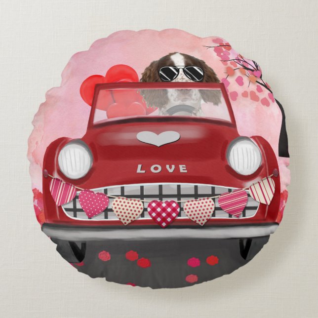 Engelse Springer Spaniel Auto Hartjes Valentijnsda Rond Kussen (Voorkant)