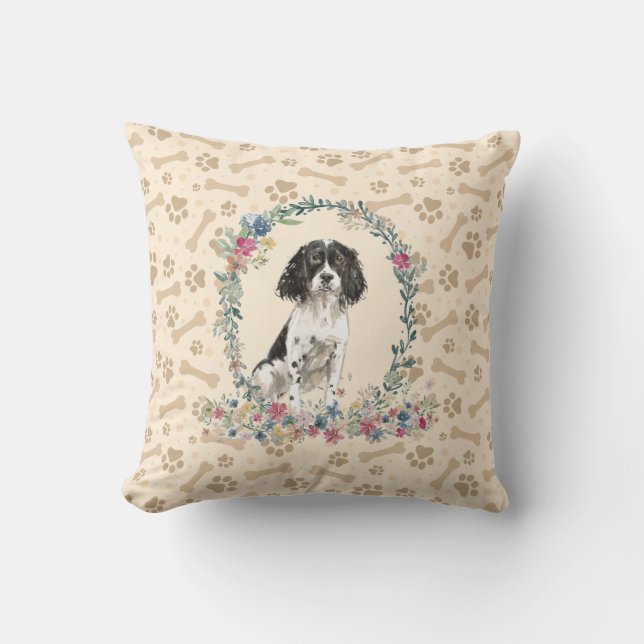 Engelse Springer Spaniel Black Dog Paw Print Cute Kussen (Voorkant)
