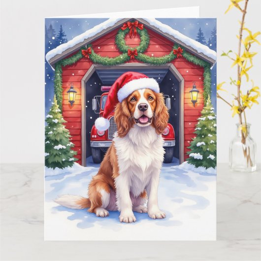 Engelse Springer Spaniel Brandweerkazerne Kerstman Kaart (Gele Bloem)