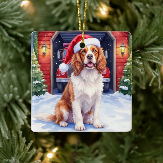 Engelse Springer Spaniel Brandweerkazerne Kerstman Keramisch Ornament (Boom)