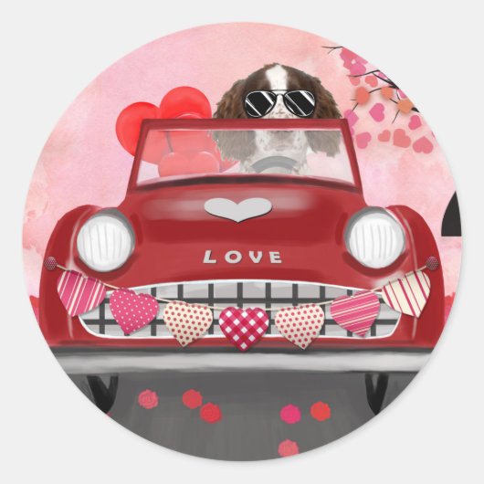 Engelse Springer Spaniel Car Hearts Valentijns Ronde Sticker (Voorkant)
