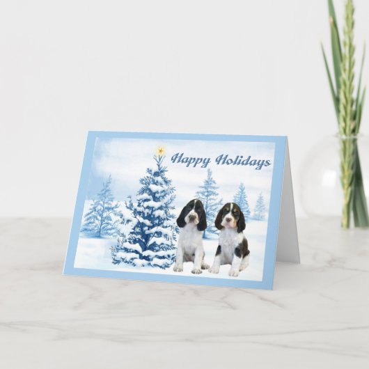 Engelse Springer Spaniel Christmas Kaart Blue Tree (Voorkant)