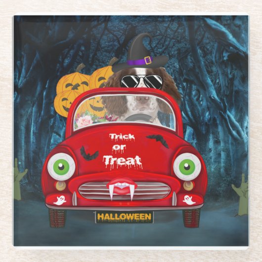 Engelse Springer Spaniel dog Car Scary Halloween Glazen Onderzetter (Voorkant)