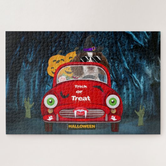 Engelse Springer Spaniel dog Car Scary Halloween Legpuzzel (Horizontaal)