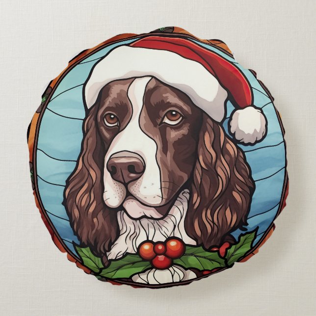Engelse Springer Spaniel Gebrandschilderd Glas Ker Rond Kussen (Achterkant)