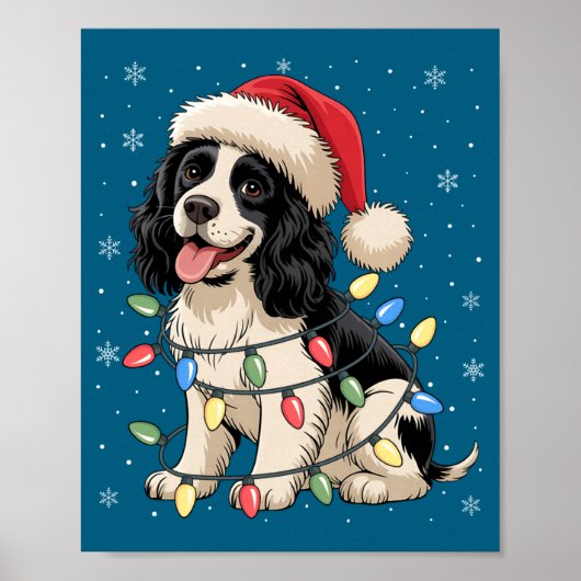 Engelse Springer Spaniel Hond Kerstboom Lichtjes Poster (Voorkant)