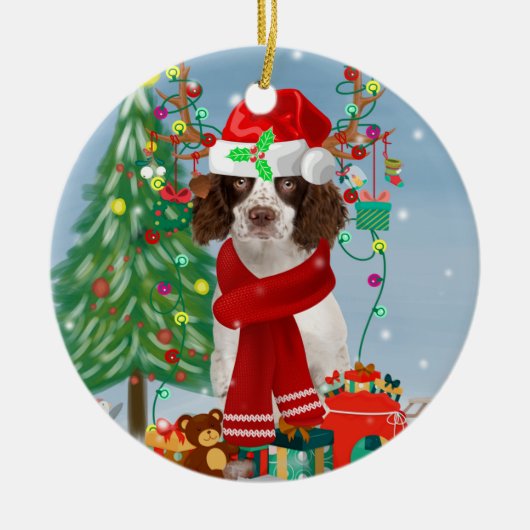 Engelse Springer Spaniel-hond met kerstcadeaus Keramisch Ornament (Voorkant)