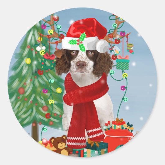 Engelse Springer Spaniel-hond met kerstcadeaus Ronde Sticker (Voorkant)