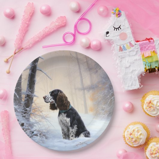 Engelse Springer Spaniel Laat het sneeuwen Kerstmi Papieren Bordje (Feest)