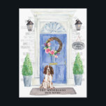 Engelse Springer Spaniel Moving Announement Briefkaart<br><div class="desc">Maak uw nieuwe adres bekend met onze stijlvolle aankondiging met een Engelstalige Springer-spaniel,  een blauwe voordeur,  een welkome mat,  een leisteen,  een staartje en een florale poot op een grijze achtergrond.</div>