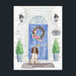 Engelse Springer Spaniel Moving Announement Briefkaart<br><div class="desc">Maak uw nieuwe adres bekend met onze stijlvolle aankondiging met een Engelstalige Springer-spaniel,  een blauwe voordeur,  een welkome mat,  een leisteen,  een staartje en een florale poot op een grijze achtergrond.</div>