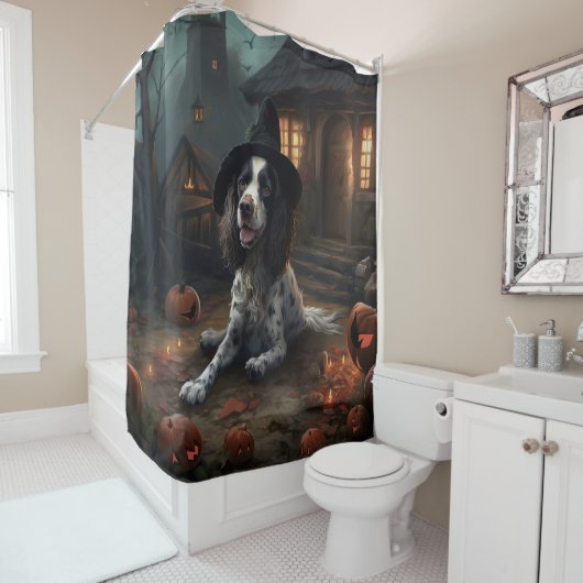 Engelse Springer Spaniel Pompoenen Halloween Griez Douchegordijn (In situ)