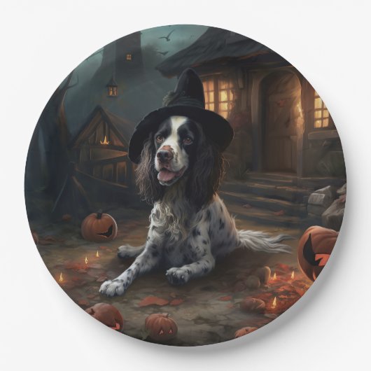 Engelse Springer Spaniel Pompoenen Halloween Scary Papieren Bordje (Voorkant)