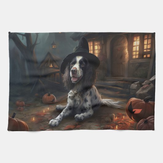 Engelse Springer Spaniel Pompoenen Halloween Scary Theedoek (Horizontaal)
