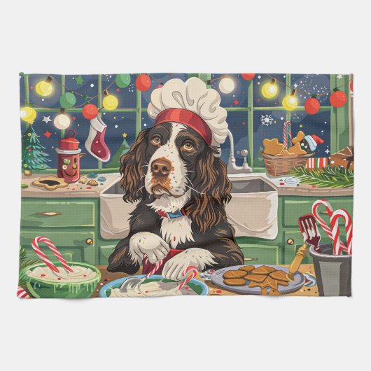 Engelse Springer Spaniel Vakantie Bakken: Festive Theedoek (Horizontaal)