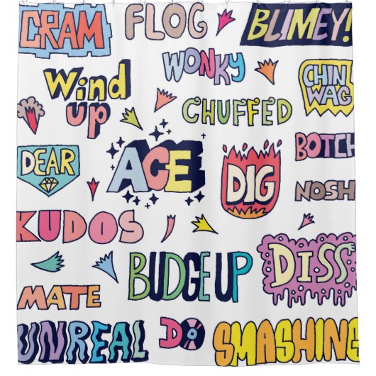 Engelse straattaal woorden, doodle belettering douchegordijn (Voorkant)