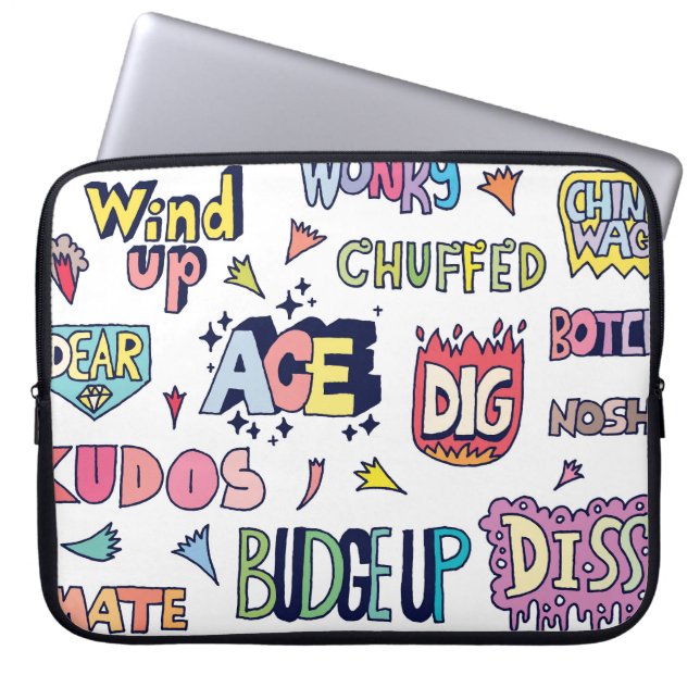 Engelse straattaal woorden, doodle belettering laptop sleeve (Voorkant)