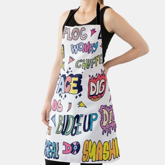 Engelse straattaal woorden, doodle belettering schort (Insitu)