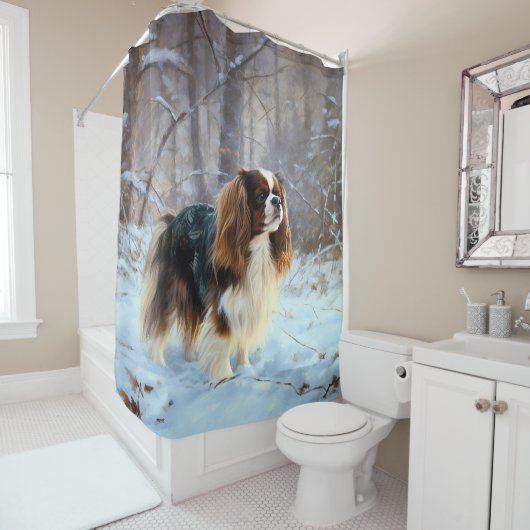 Engelse Toy Spaniel Laat het Sneeuwen Kerstmis Douchegordijn (In situ)