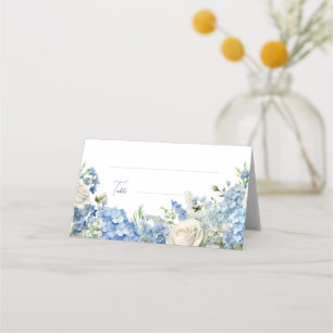 Engelse tuin blauwe hortensia witte rozen bruiloft plaatskaartje
