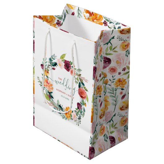 Engelse Tuin Bloemen Krans Custom Bruiloft Tekst Medium Cadeauzakje (Voorkant Gekanteld)
