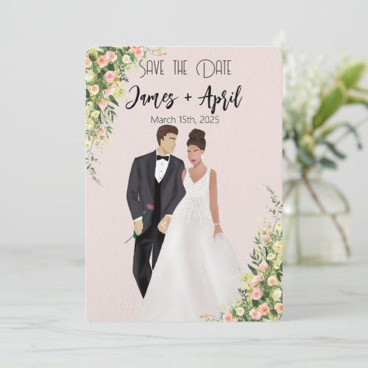 Engelse tuin geïllustreerd trouwpaar save the date (Staand voorkant)
