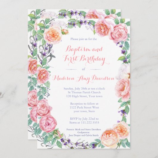 Engelse Tuinbloemen Doop 1e Verjaardagsfeest Kaart (Voorkant / Achterkant)