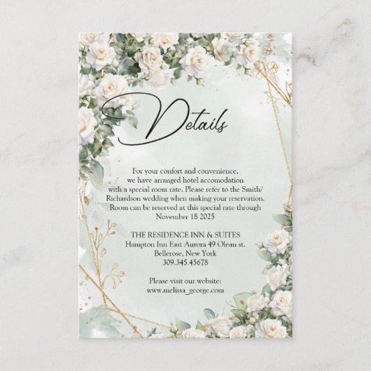 Engelse witte rozen eucalyptus groen en goud informatiekaartje (Voorkant)