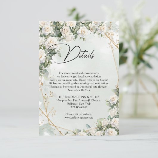 Engelse witte rozen eucalyptus groen en goud informatiekaartje (Staand voorkant)