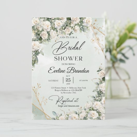 Engelse witte rozen eucalyptus groen en goud kaart (Staand voorkant)