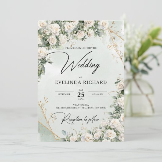 Engelse witte rozen eucalyptus groen en goud kaart (Staand voorkant)